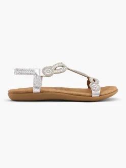 Silver Elasticated Back Flat Sandal with Clear Gem Detail