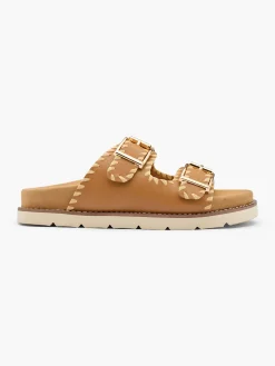 Tan Double Buckle Whipstitch Detail Flat