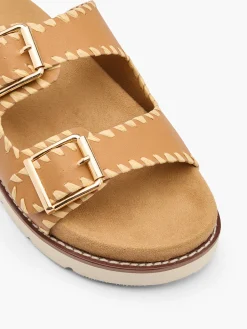 Tan Double Buckle Whipstitch Detail Flat