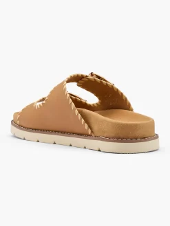 Tan Double Buckle Whipstitch Detail Flat