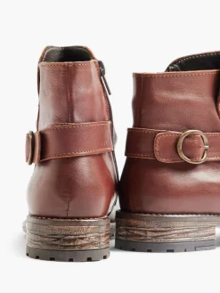 Tan Leather Ruched Buckled Ankle Boot