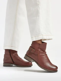 Tan Leather Ruched Buckled Ankle Boot
