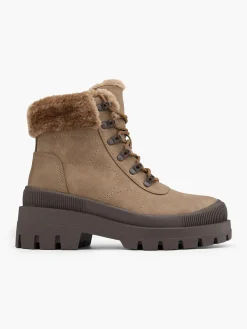 Taupe Faux Fur Collared Lace Up Hiking Boot