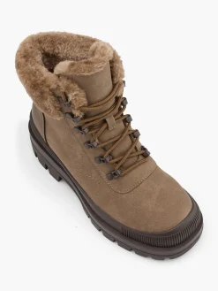 Taupe Faux Fur Collared Lace Up Hiking Boot