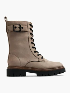 Taupe Lace Up Boot with Buckle and Strap Detail