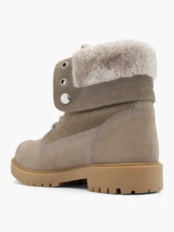 Taupe Leather Faux Fur Collar Lace Up Boot