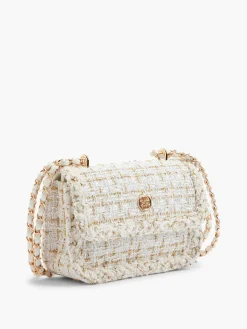 White and Gold Tweed Textile Shoulder Bag