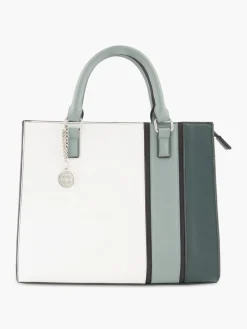 White and Green Striped Tote Bag with Metallic Bag Charm