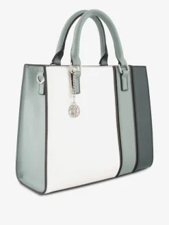 White and Green Striped Tote Bag with Metallic Bag Charm