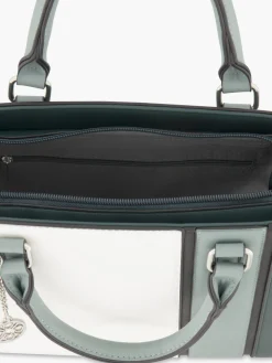 White and Green Striped Tote Bag with Metallic Bag Charm