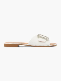 White Gemstone Buckle Mule with Silver Metallic Detail