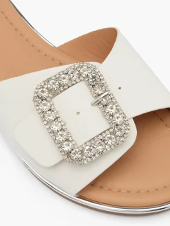 White Gemstone Buckle Mule with Silver Metallic Detail