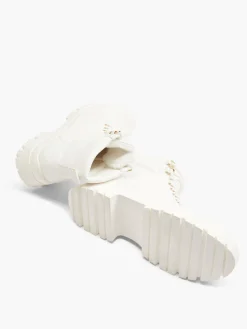 White Lace Up Ankle Boot with Embossed Monogram Detail