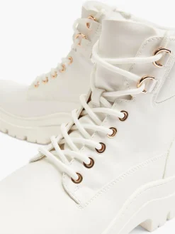 White Lace Up Ankle Boot with Embossed Monogram Detail