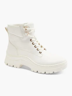 White Lace Up Ankle Boot with Embossed Monogram Detail
