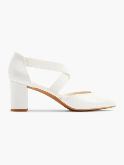 White Leather Elasticated Strap Block Heel