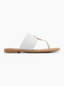 White Metal Ring Toe Thong Flat Sandal
