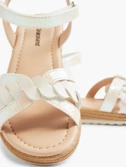 White Pearlised Ankle Strap Flat Sandal