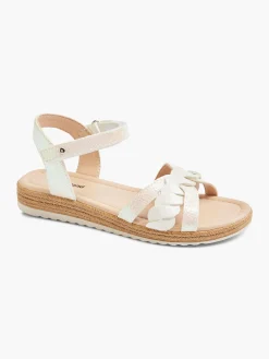 White Pearlised Ankle Strap Flat Sandal