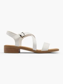 White Strappy Sandal with Buckle Detail and Wooden Effect Heel