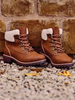 Wider Fit Tan Fleece Collared Lace Up Hiker Boot